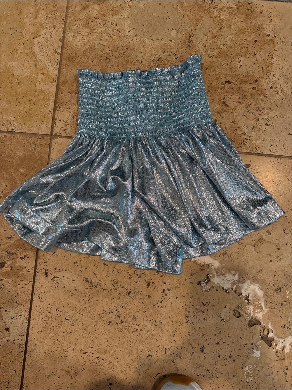 QUEEN OF SPARKLES Metallic Light Blue Smocked Waist Skort